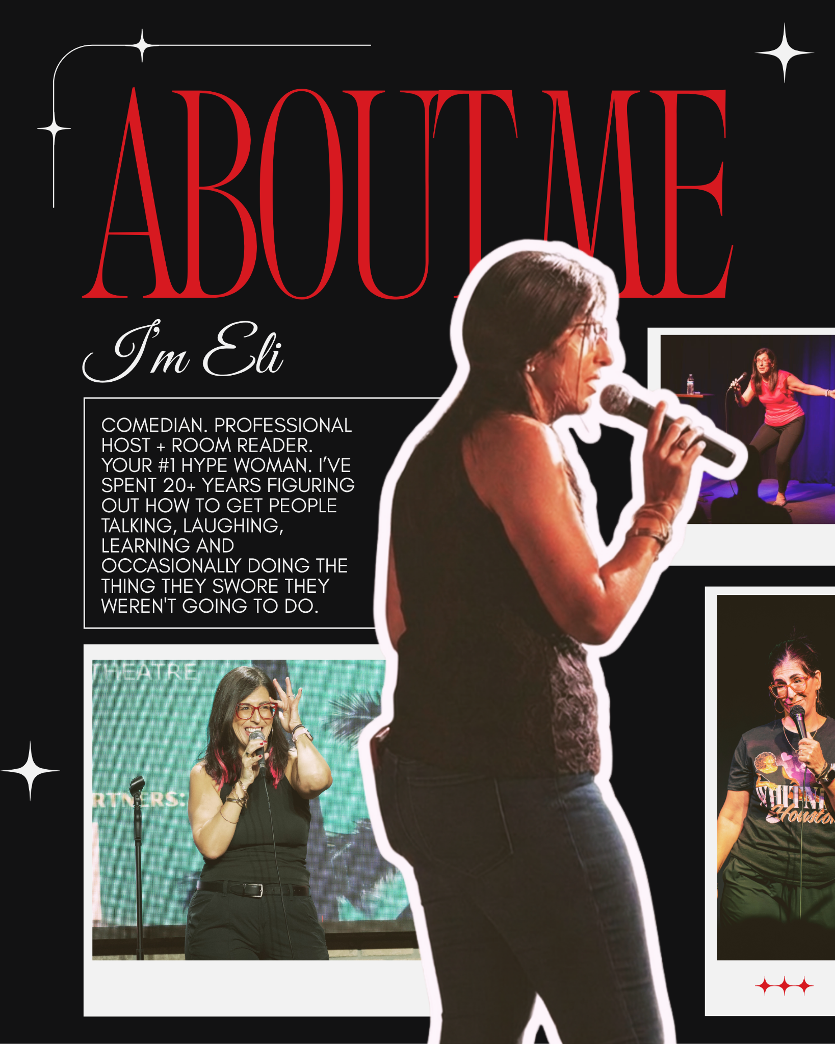 About Me collage featuring Eli Rodriguez performing onstage, with a short introduction describing her as a comedian, professional host, room reader and hype woman.